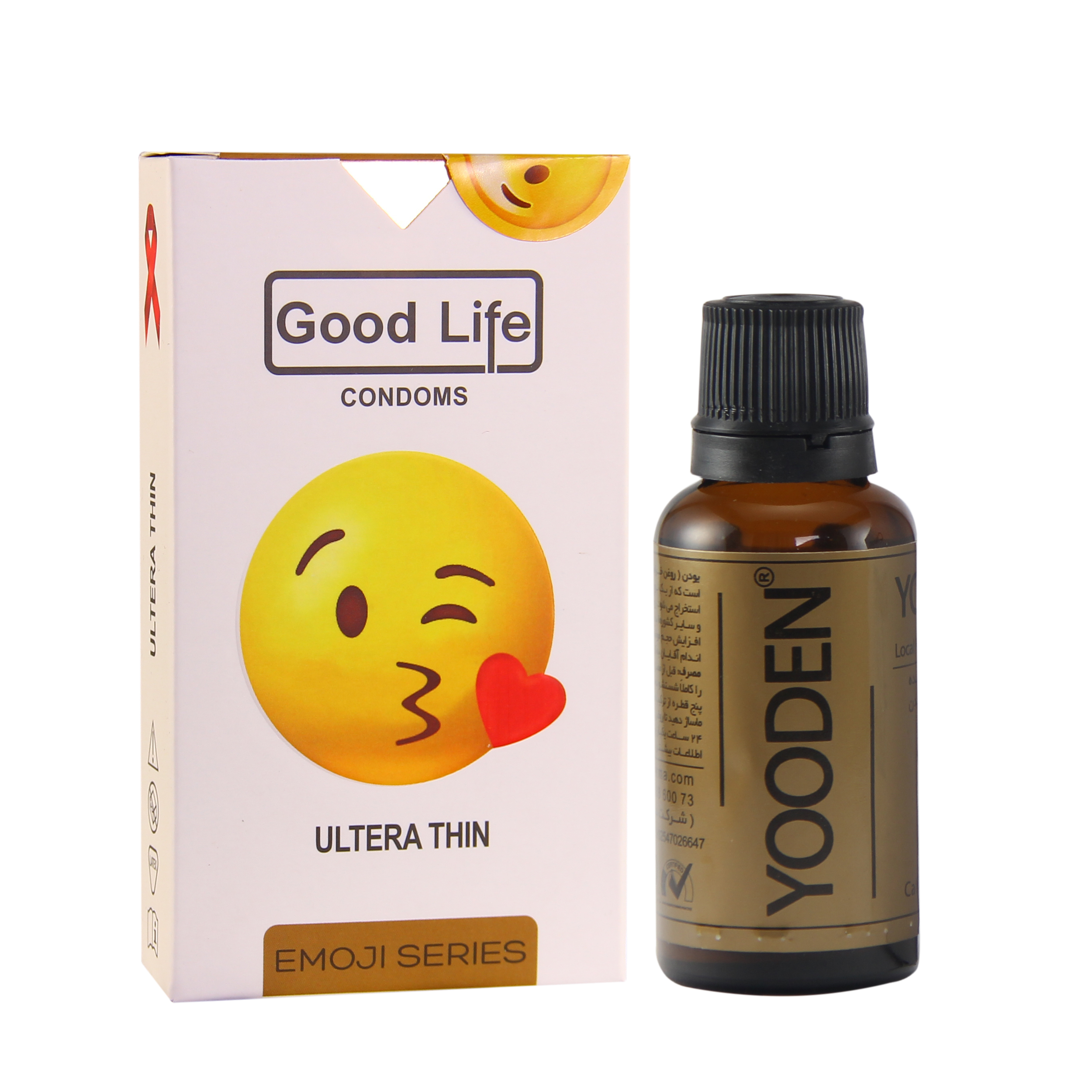 کاندوم گودلایف سری ایموجی مدل Ultera Thin بسته 6 عددی به همراه روغن یودن کد 01 حجم 30 میلی لیتر