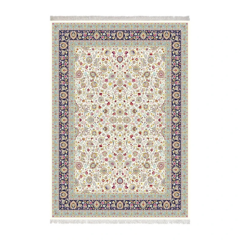 فرش ماشینی 1000 شانه زانیس زمینه کرم حاشیه سرمه ای سبز مدل چاپی