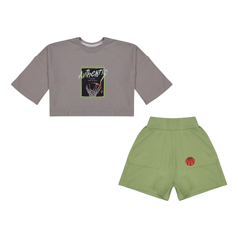 ست کراپ تی شرت آستین کوتاه و شلوارک راحتی دخترانه تیتیش مدل 2471680