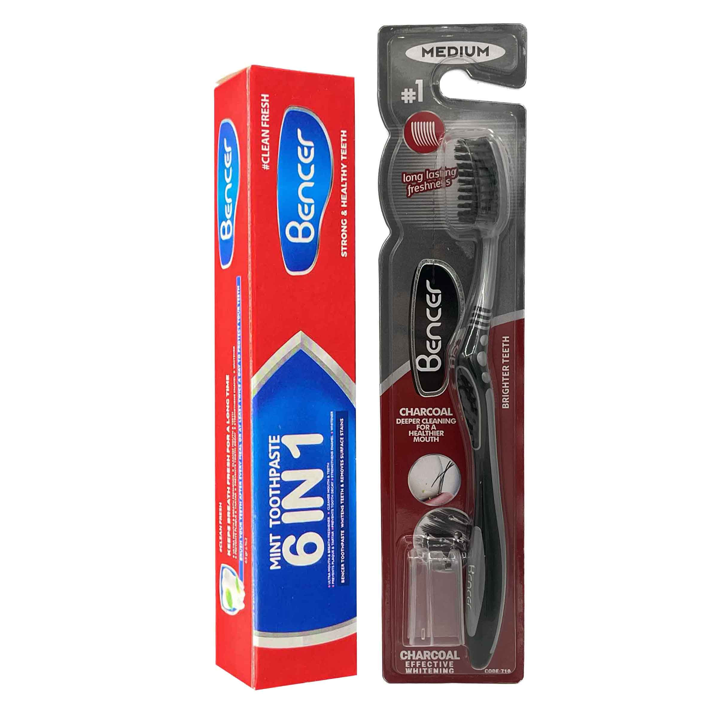 مسواک بنسر مدل GOLDEN CHARCOAL با برس متوسط به همراه خمیر دندان بنسر مدل نعنایی وزن 65 گرم