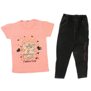 ست تی شرت و شلوار دخترانه مدل جغد نگین دار رنگ گلبهی