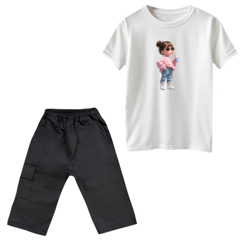 ست تی‌شرت و شلوارک دخترانه مدل دختر رنگ سفید 