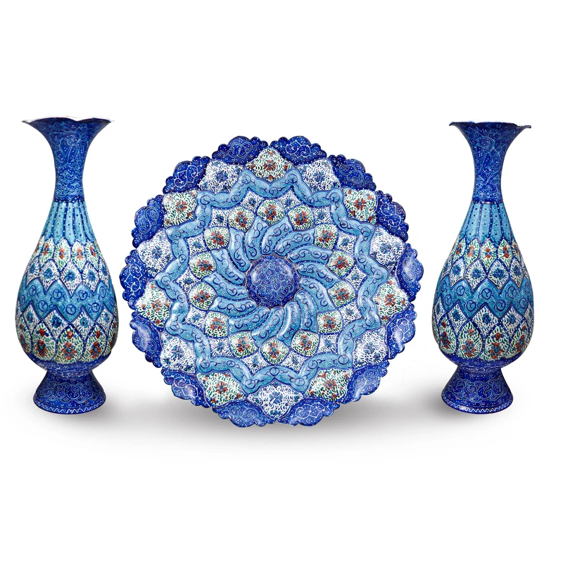ست 3 تکه بشقاب و گلدان میناکاری مسی صنایع دستی فاخر مدل هدیه کد Gift253025-3f3