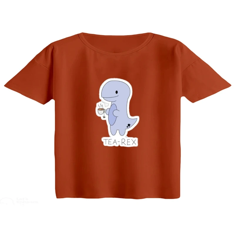 کراپ تی‌شرت آستین کوتاه زنانه مدل دایناسور و چایی