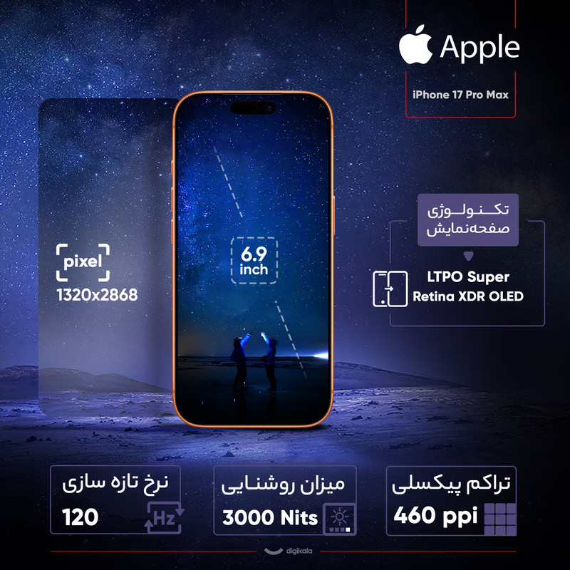 گوشی موبایل اپل مدل iPhone 17 Pro Max ZAA تک سیم کارت + eSim ظرفیت 512 گیگابایت و رم 12 گیگابایت - اکتیو  - به همراه شارژر 20 وات اپل
