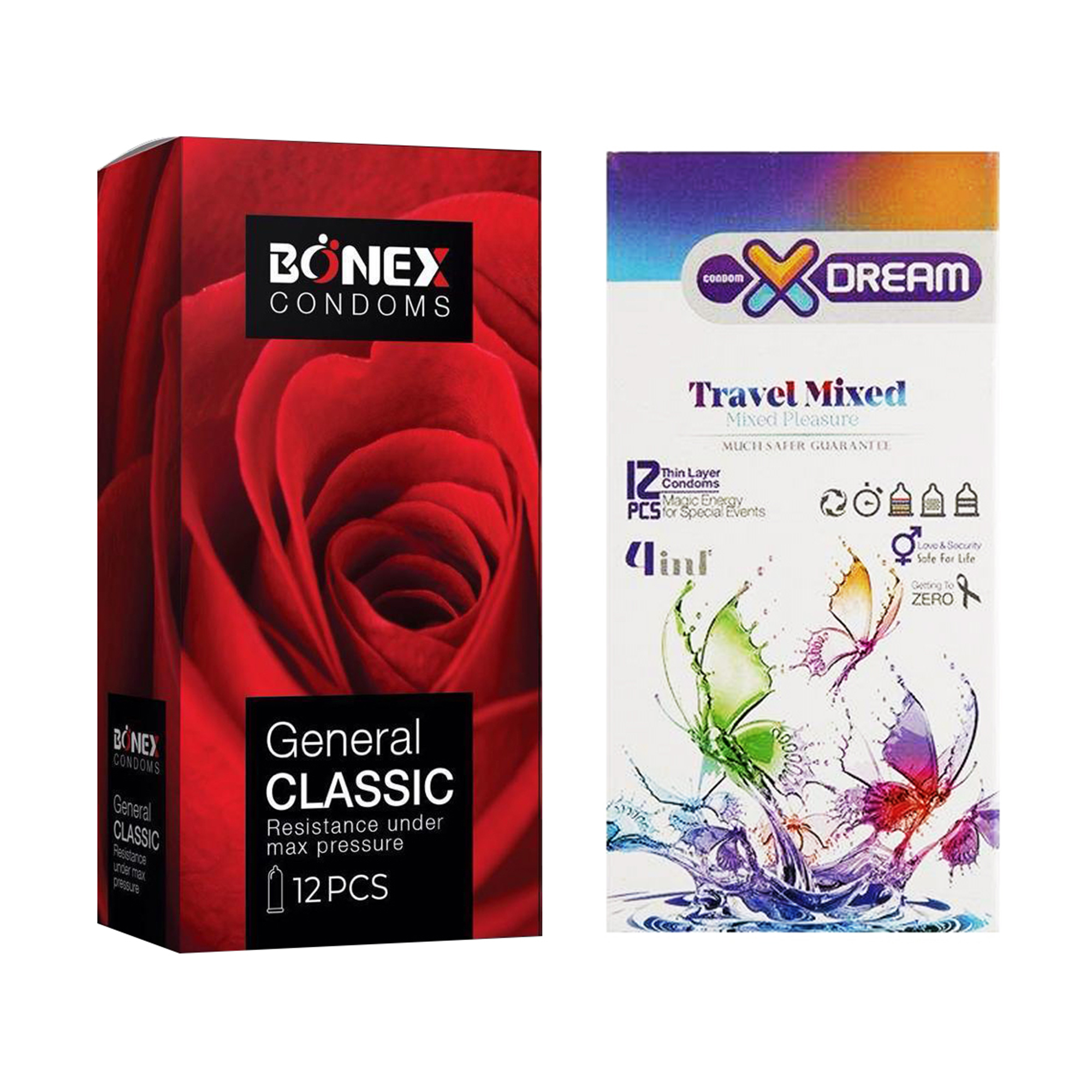 کاندوم بونکس مدل General Classic بسته 12 عددی به همراه کاندوم ایکس دریم مدل Travel Mixed بسته 12 عددی