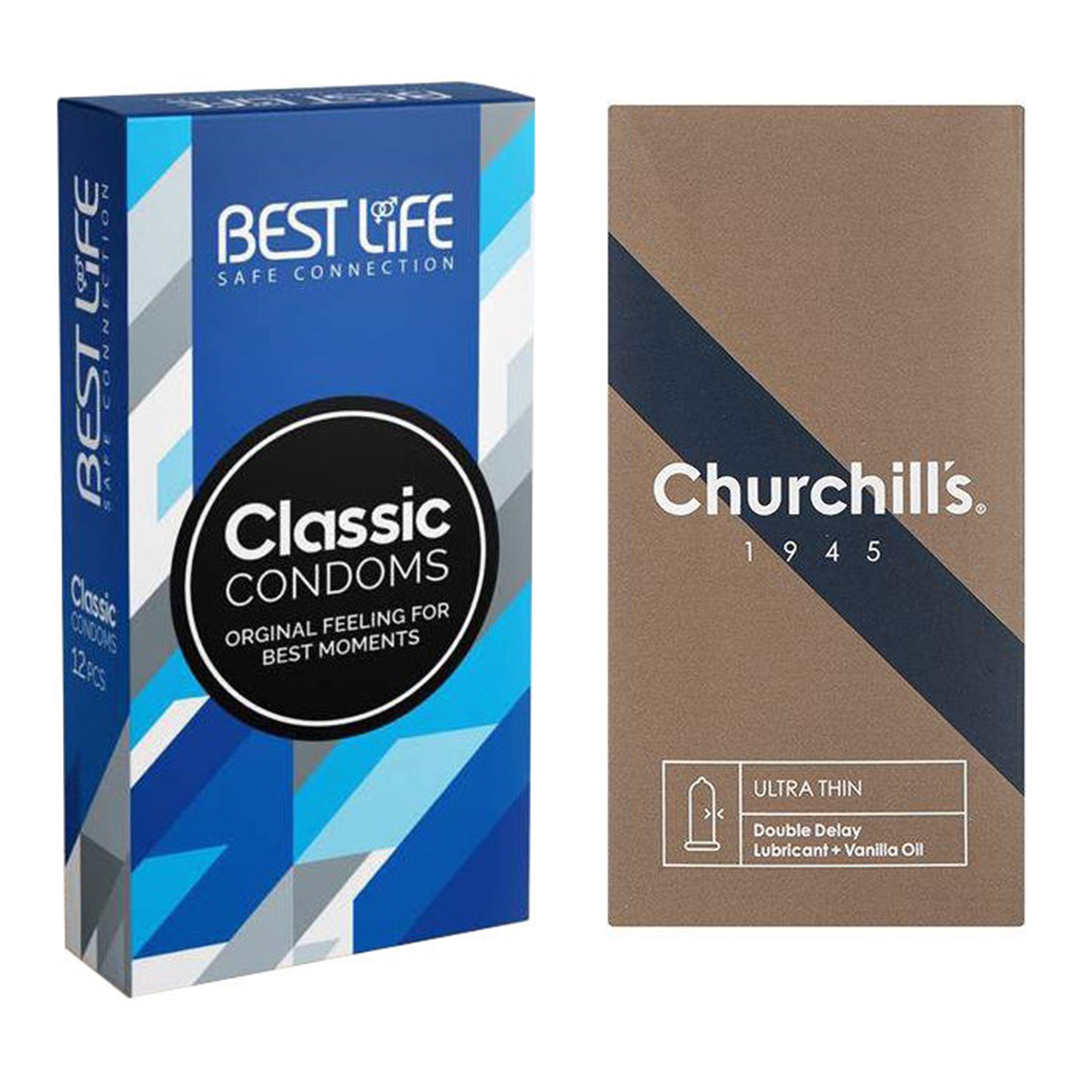 کاندوم چرچیلز مدل Ultra Thin Double Delay بسته 12 عددی به همراه کاندوم بست لایف مدل Classic بسته 12 عددی