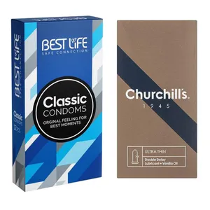 کاندوم چرچیلز مدل Ultra Thin Double Delay بسته 12 عددی به همراه کاندوم بست لایف مدل Classic بسته 12 عددی