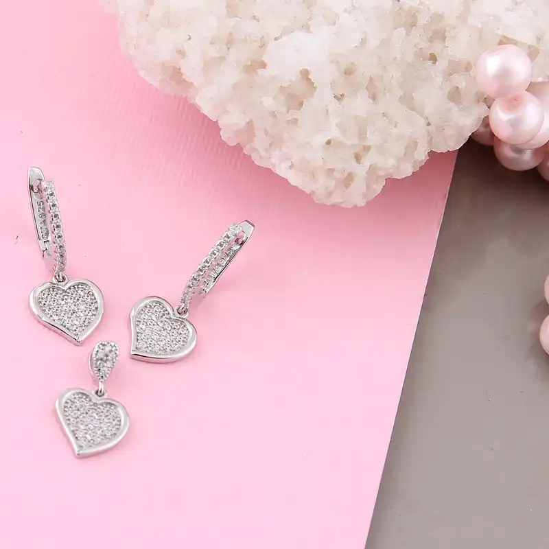 نیم ست نقره زنانه بازرگانی میلادی مدل قلب فانتزی قالب جواهر فول نگین بدون ریزش کد NTR_410