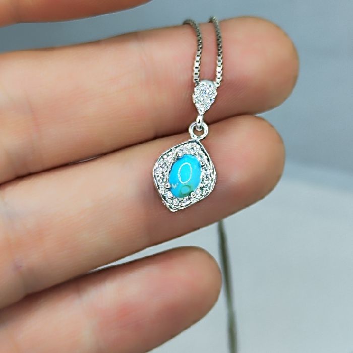 گردنبند نقره زنانه مدل سنگ فیروزه نیشابور آبکاری رادیوم کد 64005 -  - 4