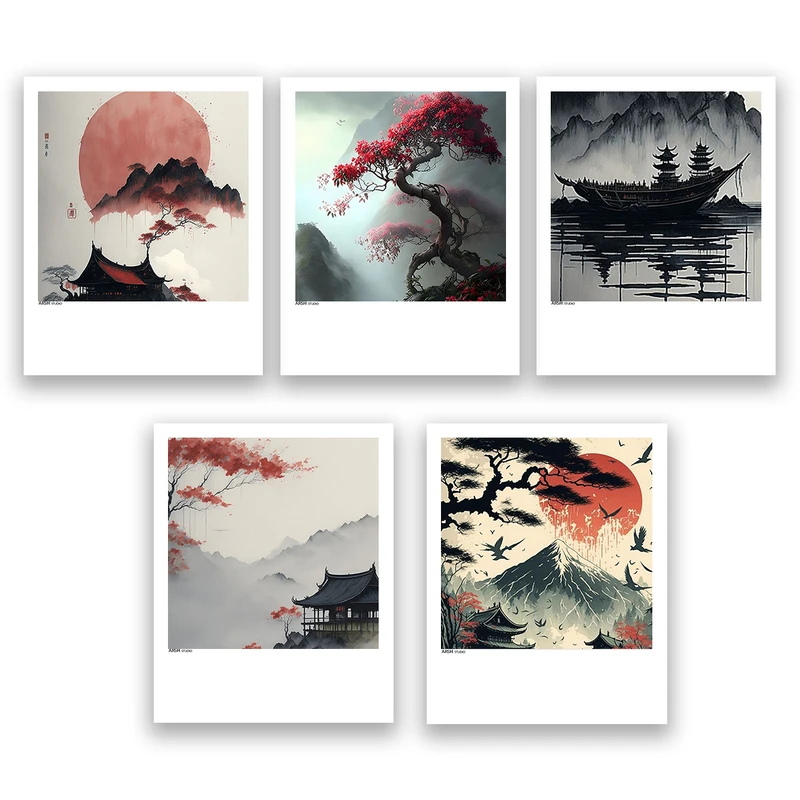 آویز تزیینی عرش مدل فانتزی منظره ژاپن کد Asa703 مجموعه پنج عددی