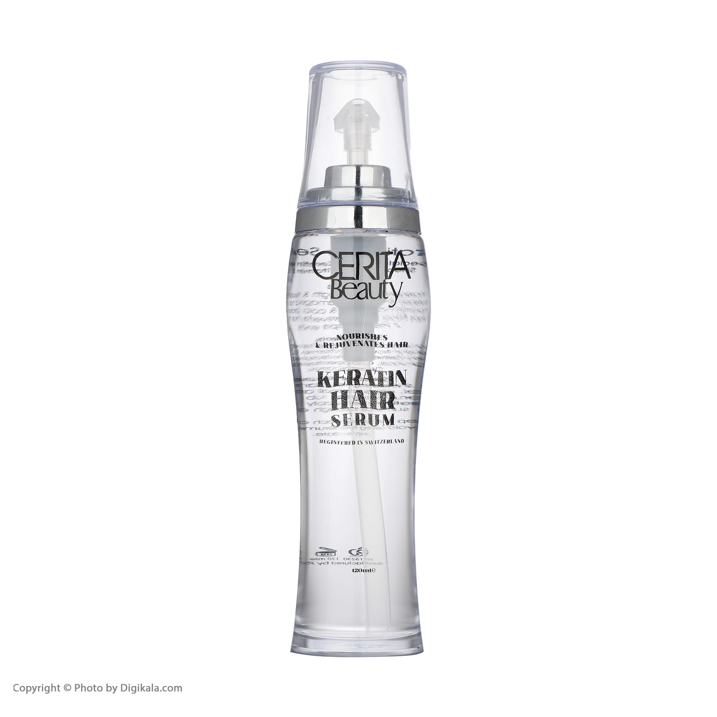 سرم مو سریتا حجم 120 میلی‌لیتر، با خاصیت تقویت کننده و مغذی، استحکام‌بخش، ترمیم کننده و حجم دهنده، جوان کننده، حالت دهنده، ضد وز و موخوره، درخشان کننده، افزایش قابلیت کشسانی مو، مرطوب کننده، نرم کننده، سازگار با انواع مو، حاوی ویتامین E، مدل Keratin
