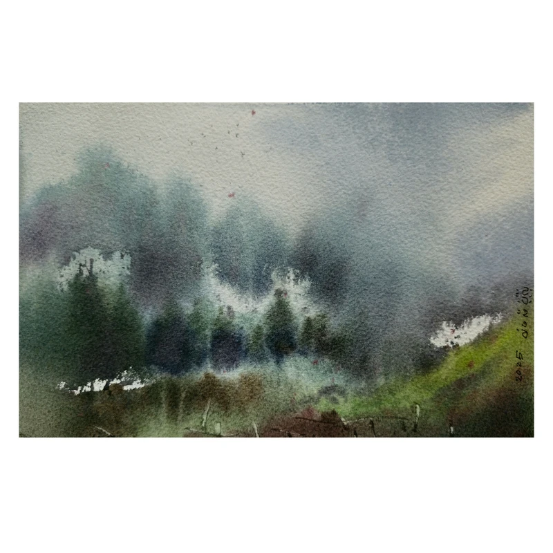 نقاشی آبرنگ به سبک امپرسونیسم طرح جنگل مه آلود کد