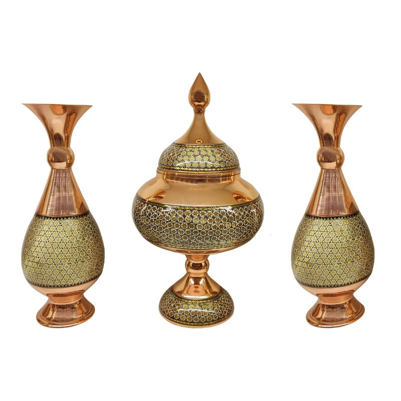 ست گلدان و شکلات خوری خاتم کاری کد 25 مجموعه 3 عددی