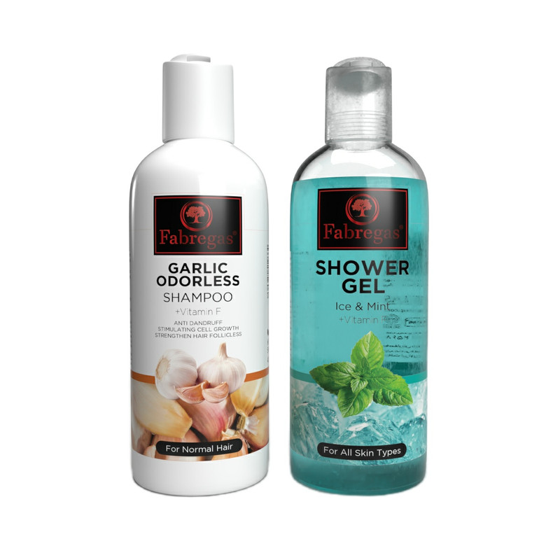 شامپو مو فابریگاس مدل Garlic Odorless حجم 400 میلی لیتر به همراه ژل شست و شوی بدن فابریگاس مدل Ice And Mint حجم 400 میلی لیتر