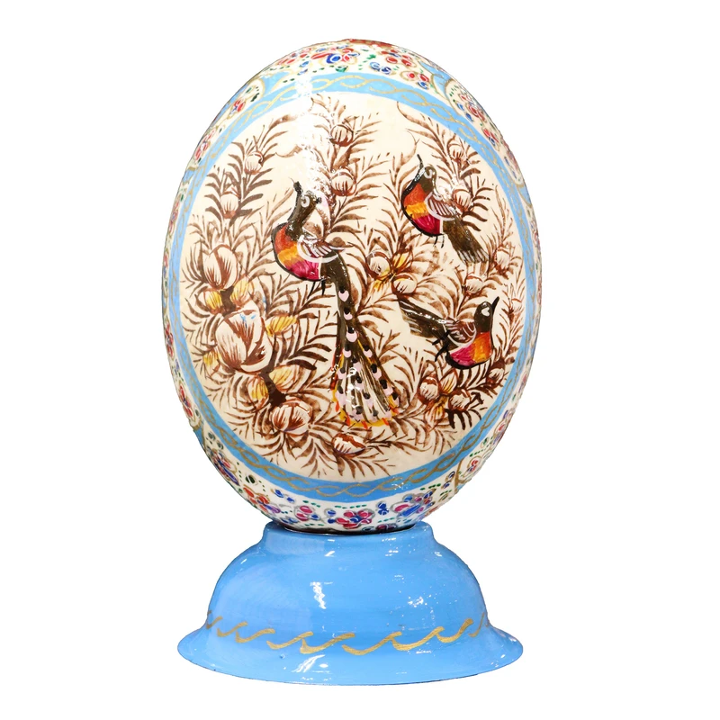 تخم شترمرغ تزیینی صنایع دستی فاخر مدل مگنت دار طرح گل و مرغ برجسته کد Bl2012Gr