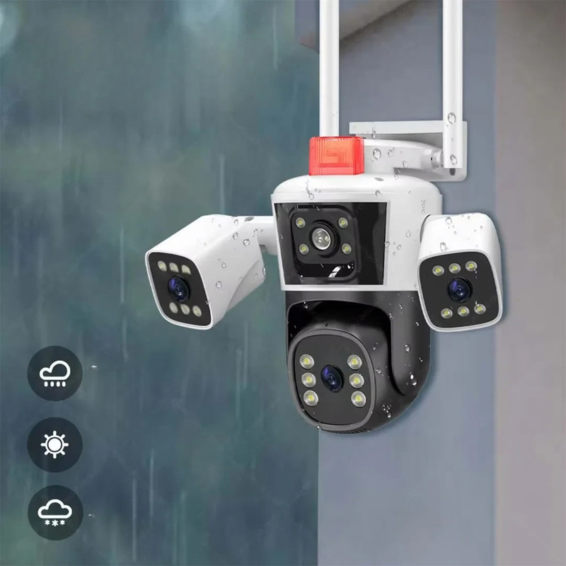 دوربین مداربسته تحت شبکه سیم‌کارتی 3 مگاپیکسلی مدل QQ849-WP-4-4G، دارای 3 لنز، اتصال 4G، چرخش افقی و عمودی، دید در شب، تشخیص حرکت، تعقیب سوژه، مکالمه دوطرفه، پشتیبانی از کارت حافظه Micro SD تا 256 گیگابایت و استاندارد ضدآب IP66