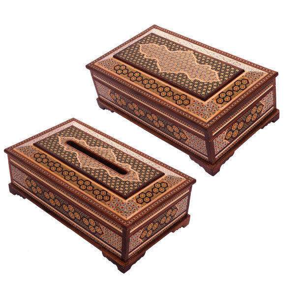 ست جعبه دستمال کاغذی و جعبه کارد و چنگال خاتم کاری کد 01