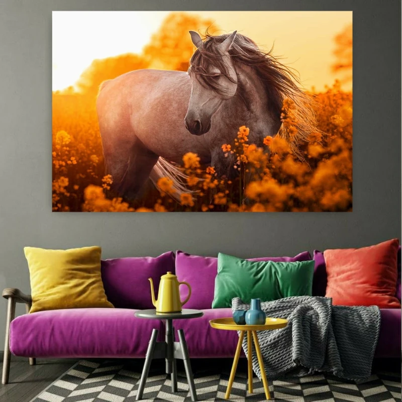 تابلو بوم طرح مخمل مدل اسب در طبیعت پائیزی  کد AR30553