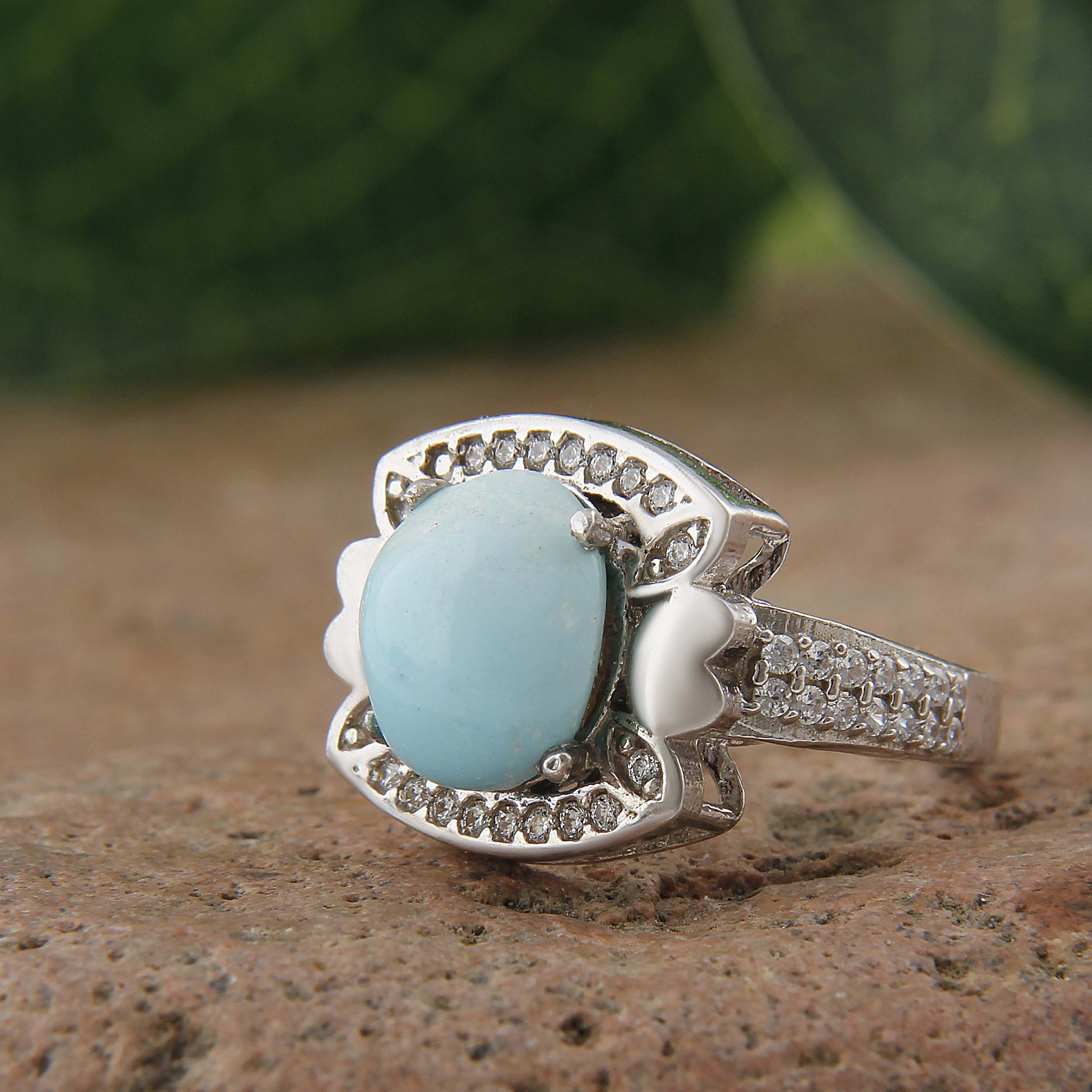 انگشتر نقره زنانه بازرگانی میلادی مدل سنگ فیروزه طبیعی نگین برلیان بدون ریزش آبکاری رادیوم کد AWR_1599