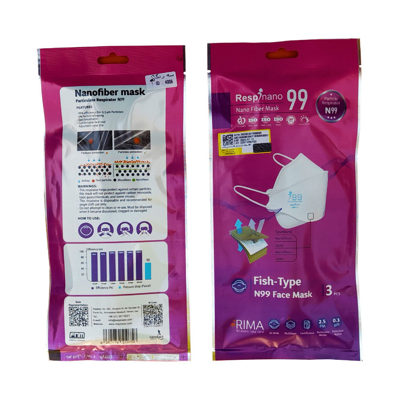ماسک تنفسی ریما مدل  سه بعدی N99 نانو کد 3X_F99 بسته 3 عددی