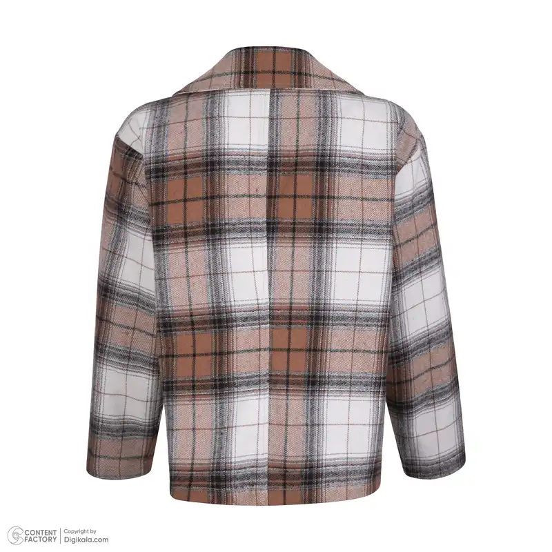 کت زنانه ژیار مدل چهارخانه ی پشمی یقه انگلیسی رنگ کرم شتری