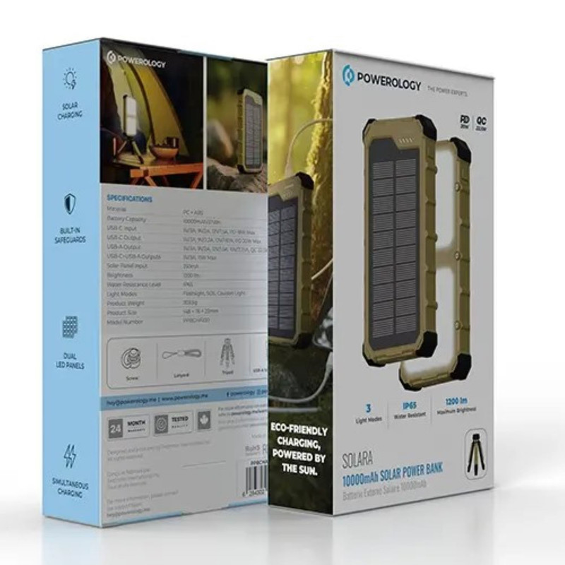 پاوربانک 5 وات پاورلوژی مدل solar powerbank ظرفیت 10000 میلی‌آمپر‌ساعت به همراه کابل USB به USB-C