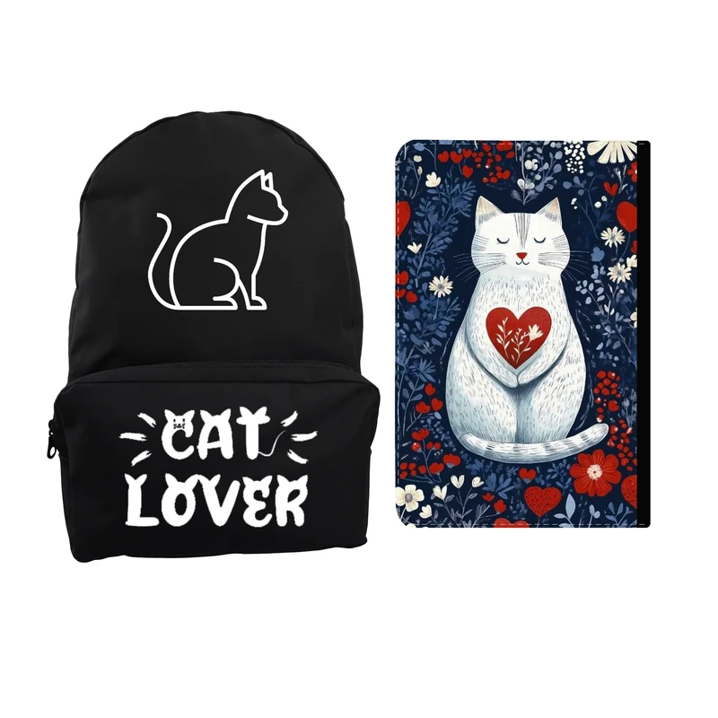 کوله پشتی مدرسه مدل گربه و قلب کد 597 به همراه کلاسور