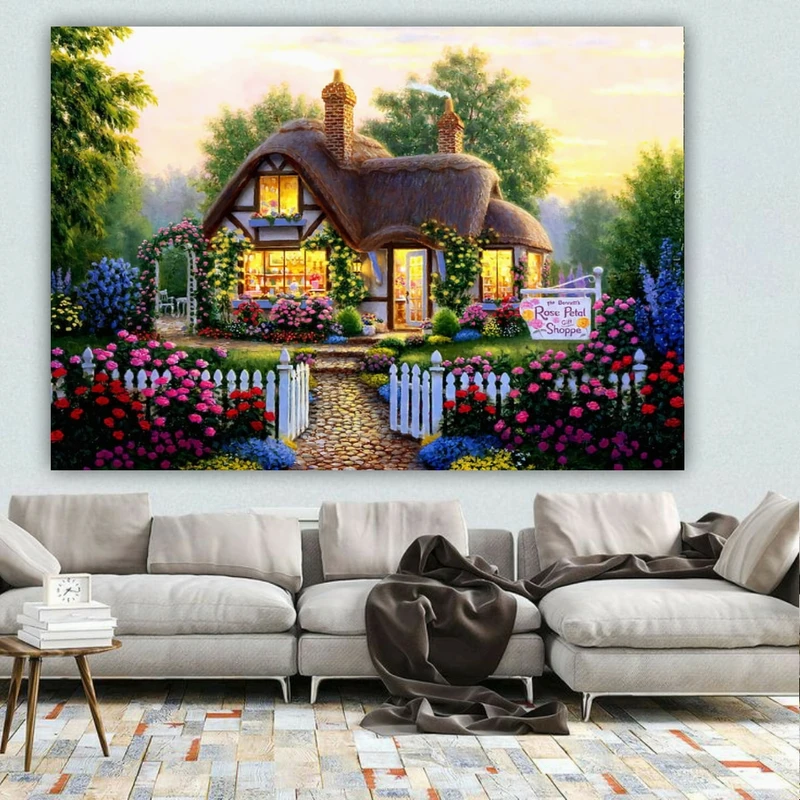 پوستر پارچه ای طرح مخمل نقاشی مدل کلبه رویایی کد BK24281