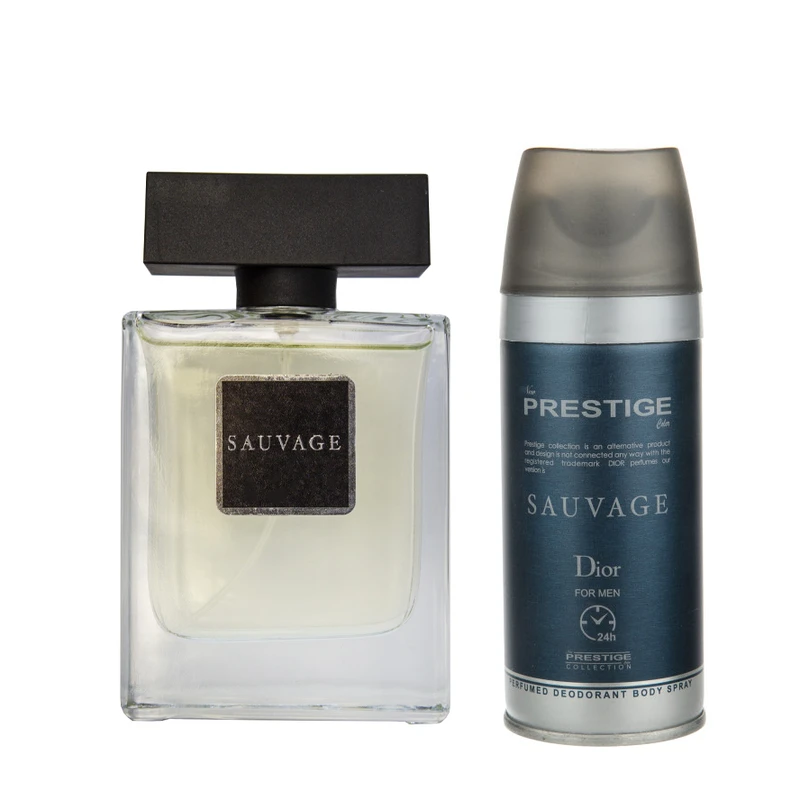 ادو تویلت مردانه پرستیژ مدل Sauvage Dior حجم 100 میلی لیتر به همراه اسپری خوشبو کننده بدن مردانه پرستیژ مدل Sauvage حجم 150 میلی لیتر