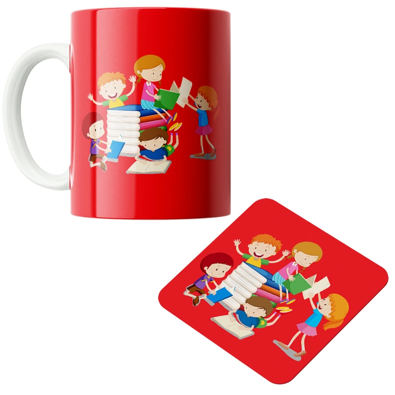 ماگ پاد آفرین مدل بچه ها در حال خواندن کتاب کد DKC355 به همراه زیر لیوانی