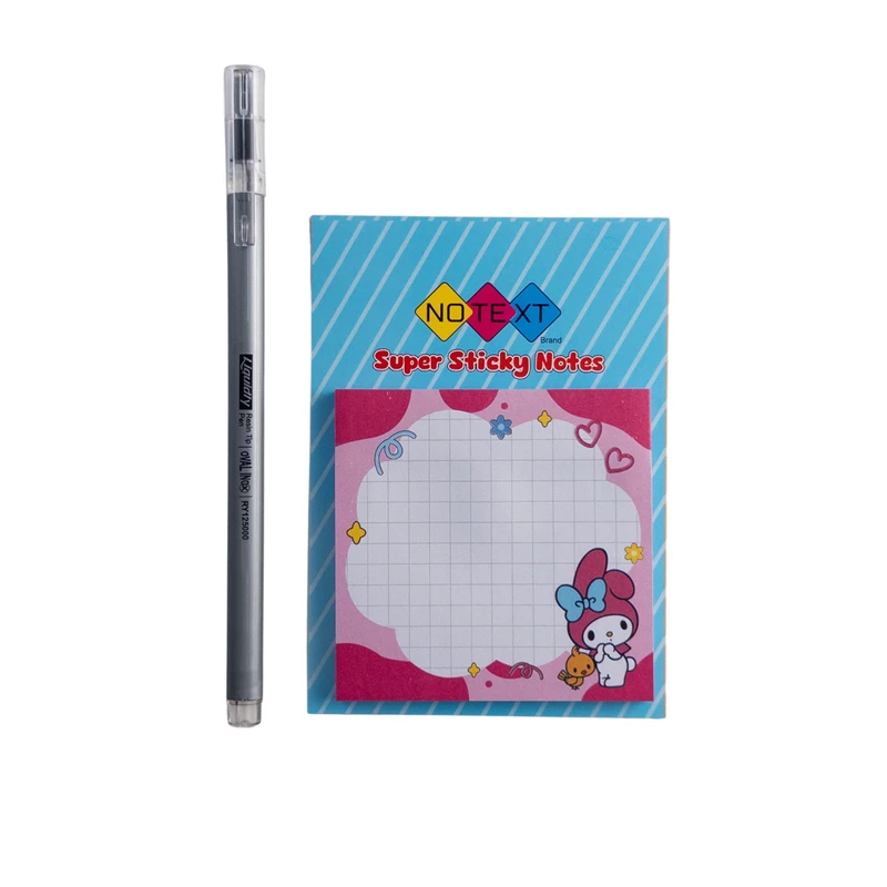 کاغذ یادداشت چسب دار مدل کرومی کد 04 سایز 7×7 سانتی متر به همراه روان نویس بسته 45 عددی