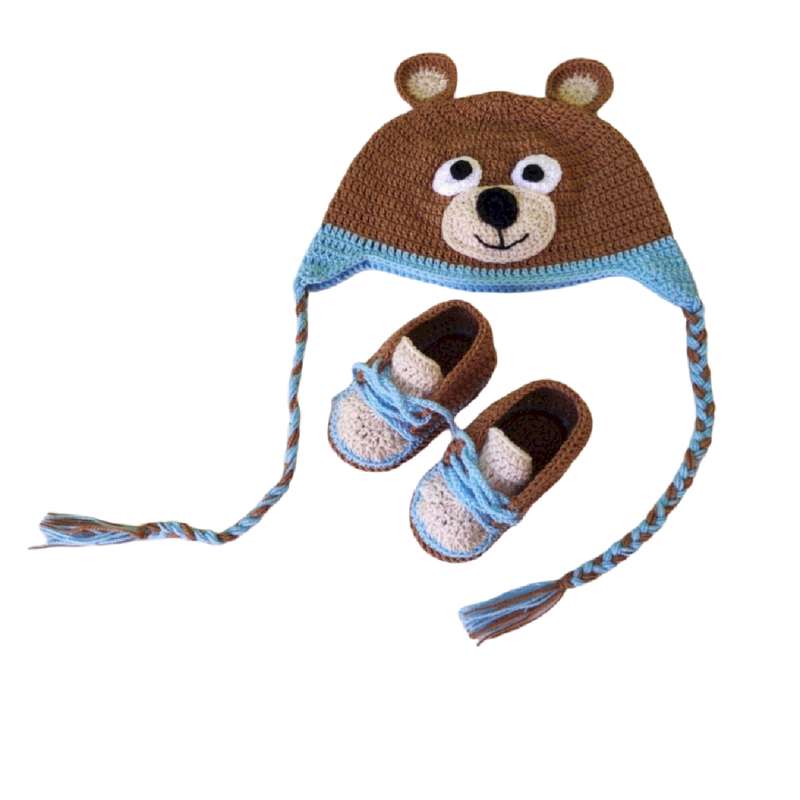 ست کلاه و پاپوش بافتنی نوزادی مدل خرسی