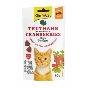تشویقی گربه بالغ جیم کت مدل کرانچی طعم بوقلمون و کرنبری وزن 50 گرم