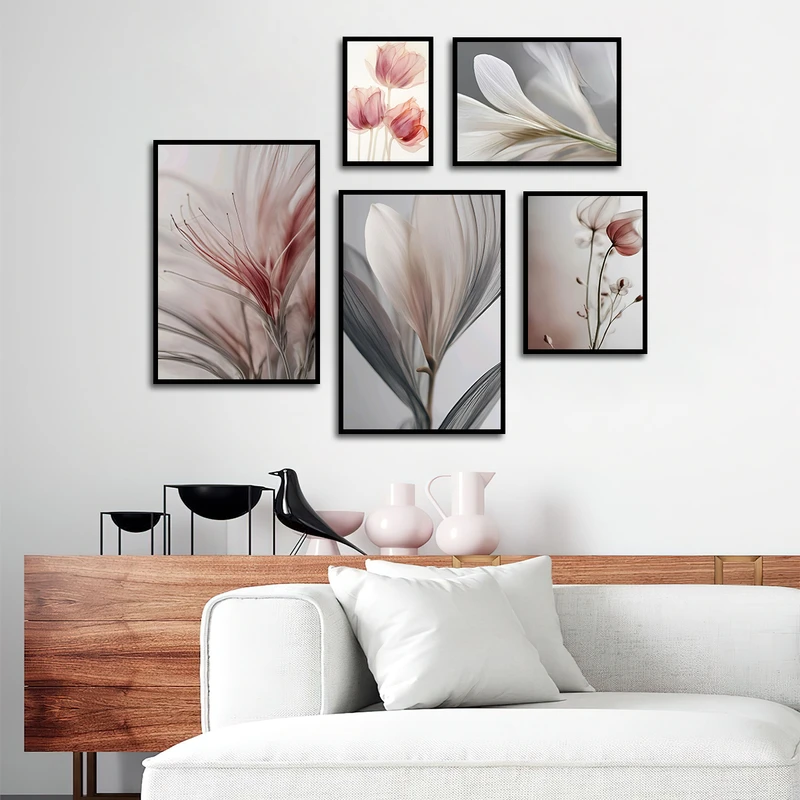 تابلو بکلیت طرح طبیعت و گل مدل B-3329 فریم مشکی مجموعه 5 عددی