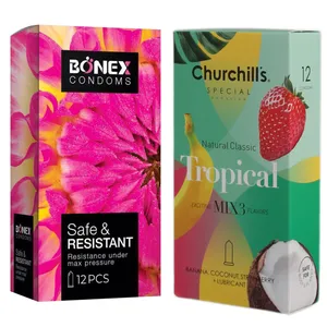 کاندوم چرچیلز مدل Tropical بسته 12 عددی به همراه کاندوم بونکس مدل Safe & Resistant بسته 12 عددی
