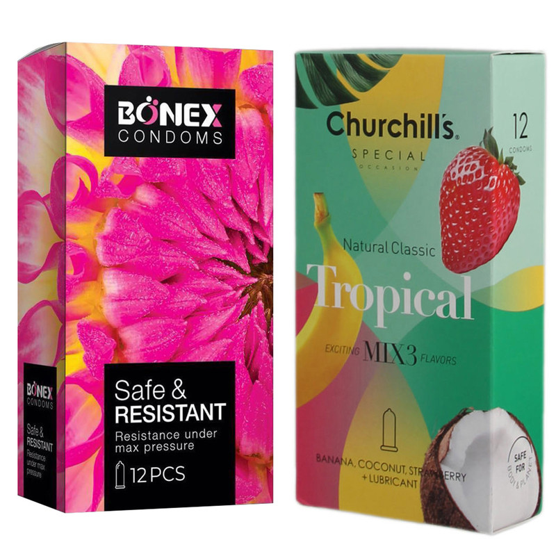 کاندوم چرچیلز مدل Tropical بسته 12 عددی به همراه کاندوم بونکس مدل Safe & Resistant بسته 12 عددی کاندوم چرچیلز مدل Tropical بسته 12 عددی به همراه کاندوم بونکس مدل Safe & Resistant بسته 12 عددی