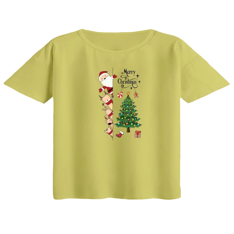 کراپ تی‌شرت آستین کوتاه زنانه مدل بابانوئل و گوزن کریسمس کد 1
