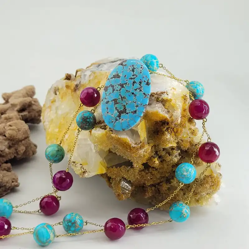 نیم ست زنانه مدل سنگ فیروزه آفریقایی و عقیق یاقوتی کد 1809