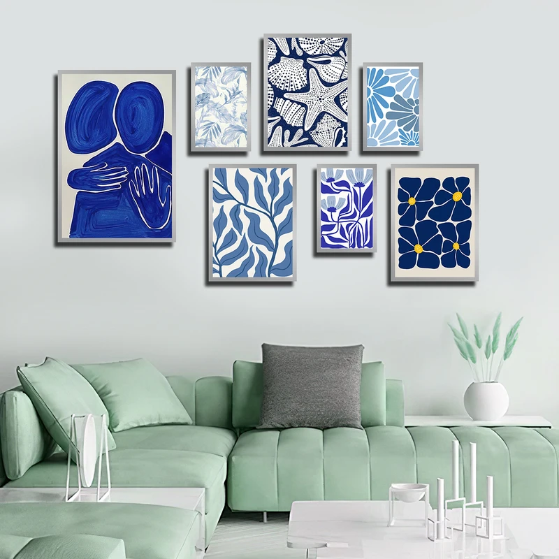 تابلو بکلیت طرح نقاشی مینیمال و ستاره دریایی مدل SI-3769 فریم نقره ای مجموعه 7 عددی