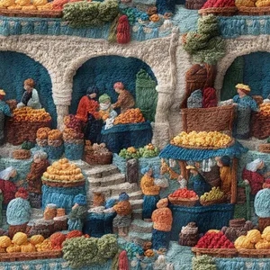 پارچه ملحفه عرض 1.5 متر پارچه باما طرح پنج بعدی بازار قدیم تهران کد 5015174 رنگ آبی