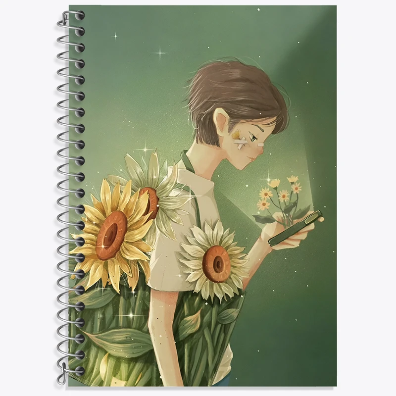 دفتر زبان 50 برگ خندالو مدل سه خط طرح دختر و گل آفتابگردان کد N3100