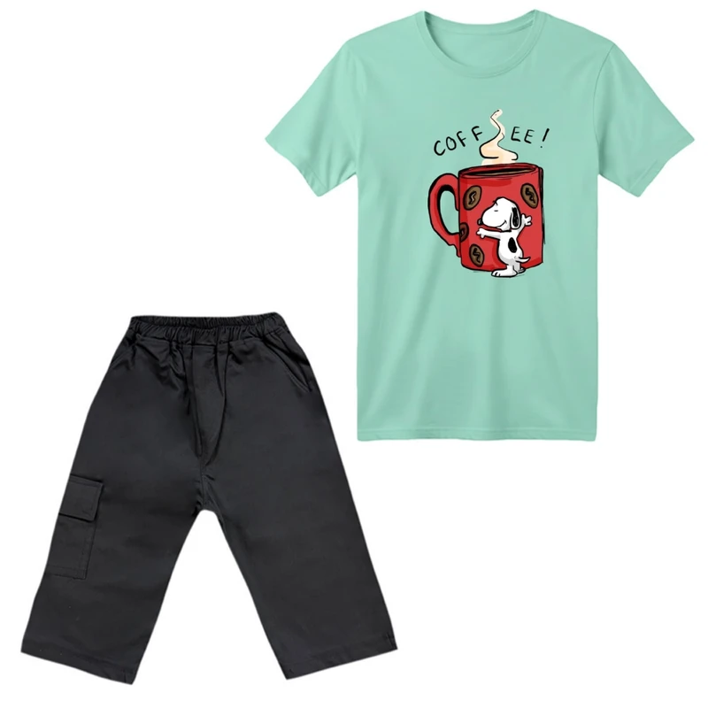 ست تی‌شرت آستین کوتاه و شلوارک پسرانه مدل اسنوپی و قهوه