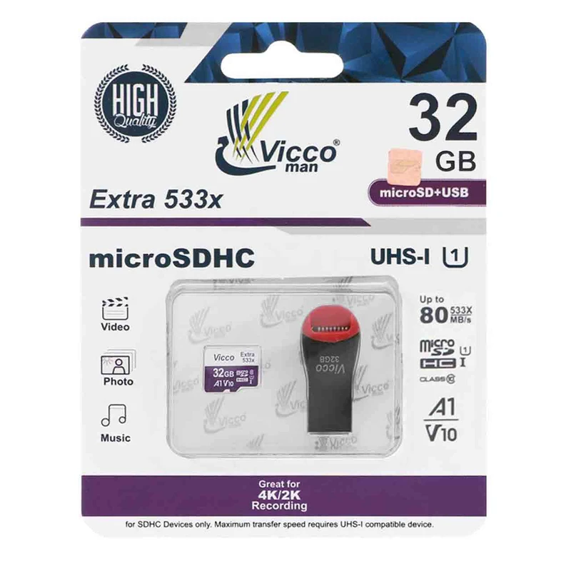 عکس شماره 3 : کارت حافظه microsdhc ویکو من مدل extre 533x کلاس 10 استاندارد uhs-i u1 سرعت 80mbps ظرفیت 32 گیگابایت به همراه کارت خوان