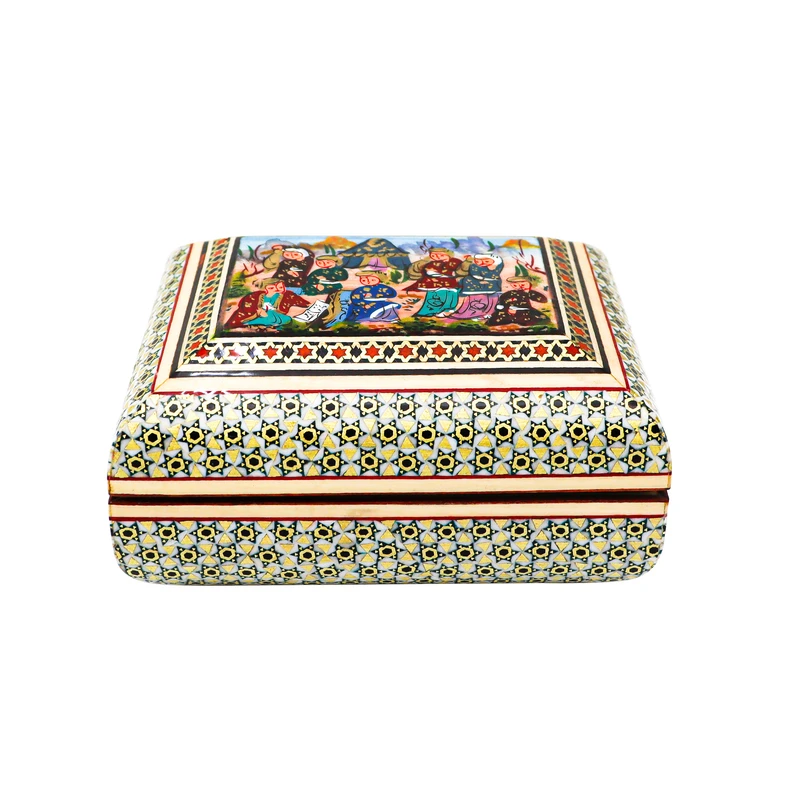 جعبه جواهرات خاتم کاری صنایع دستی فاخر مدل صادراتی تمام خاتم طرح ییلاق کد HQGr12p10-2f2 