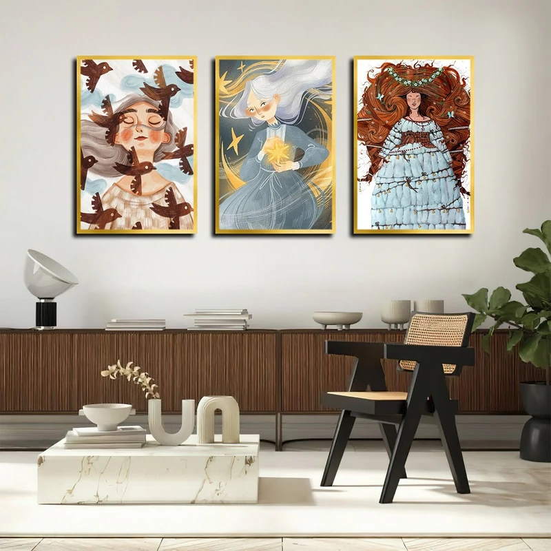 تابلو بکلیت طرح نقاشی دخترانه و انیمه مدل T-4013 فریم طلایی مجموعه 3 عددی