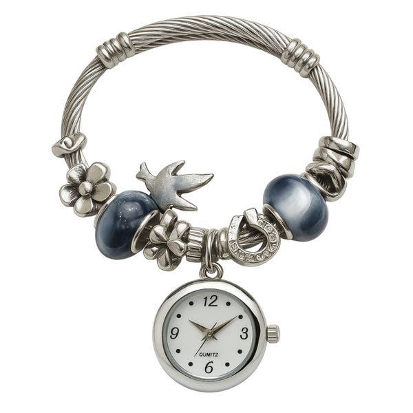 ساعت مچی عقربه‌ای کوارتز زنانه مدل لوکس مینیمال بند النگویی آویز دار کد ۳