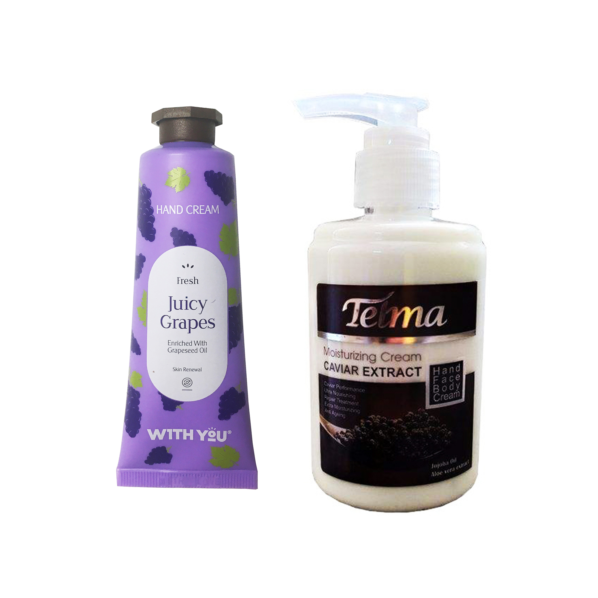 کرم آبرسان و مرطوب کننده تلما مدل خاویار حجم 200 میلی لیتر به همراه کرم مرطوب کننده ویت یو مدل Juicy Grapes حجم 50 میلی لیتر 