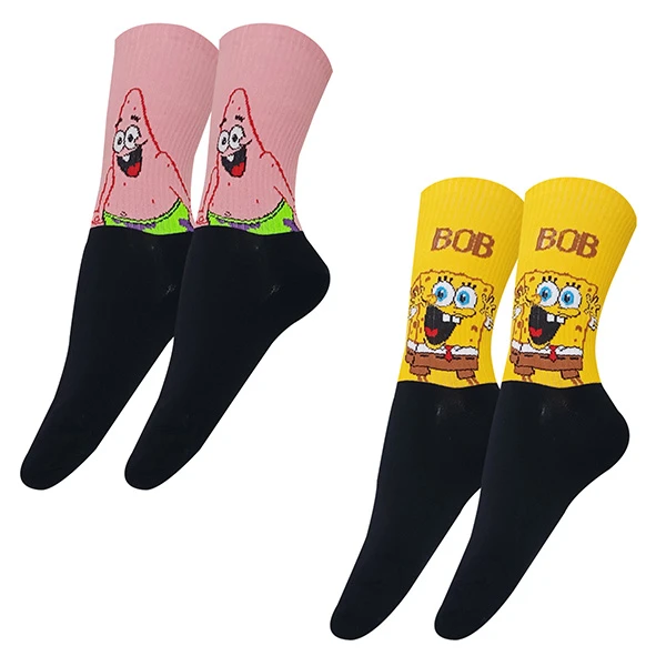 جوراب مردانه تن پوش هنگامه مدل پنبه کش اسپرت باب اسفنجی و پاتریک مجموعه طرح‌دار 2 عددی