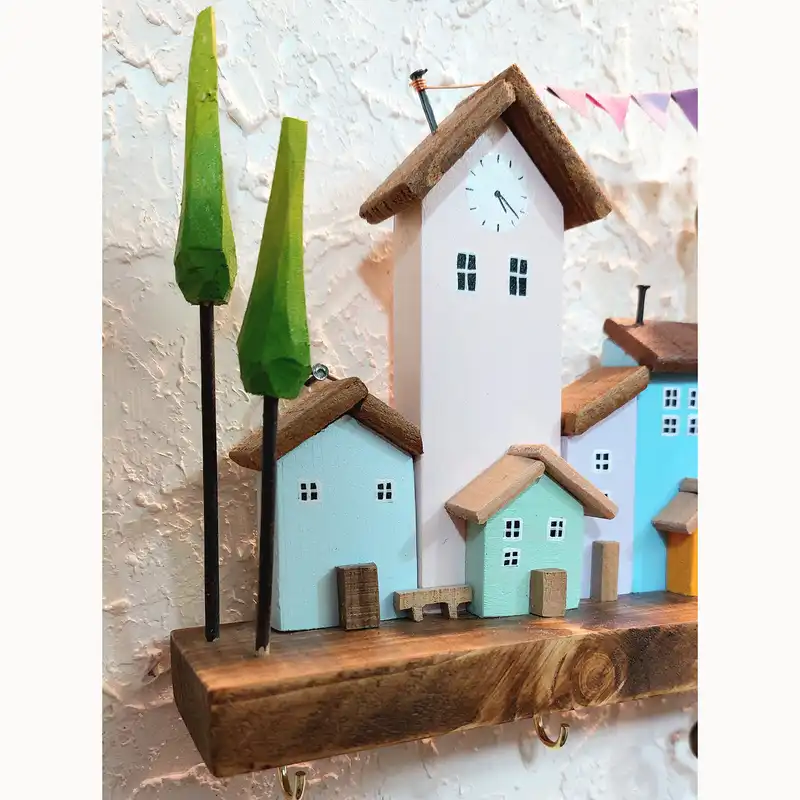 جاکلیدی دیواری چوبی مدل دهکده رویایی کد 5322